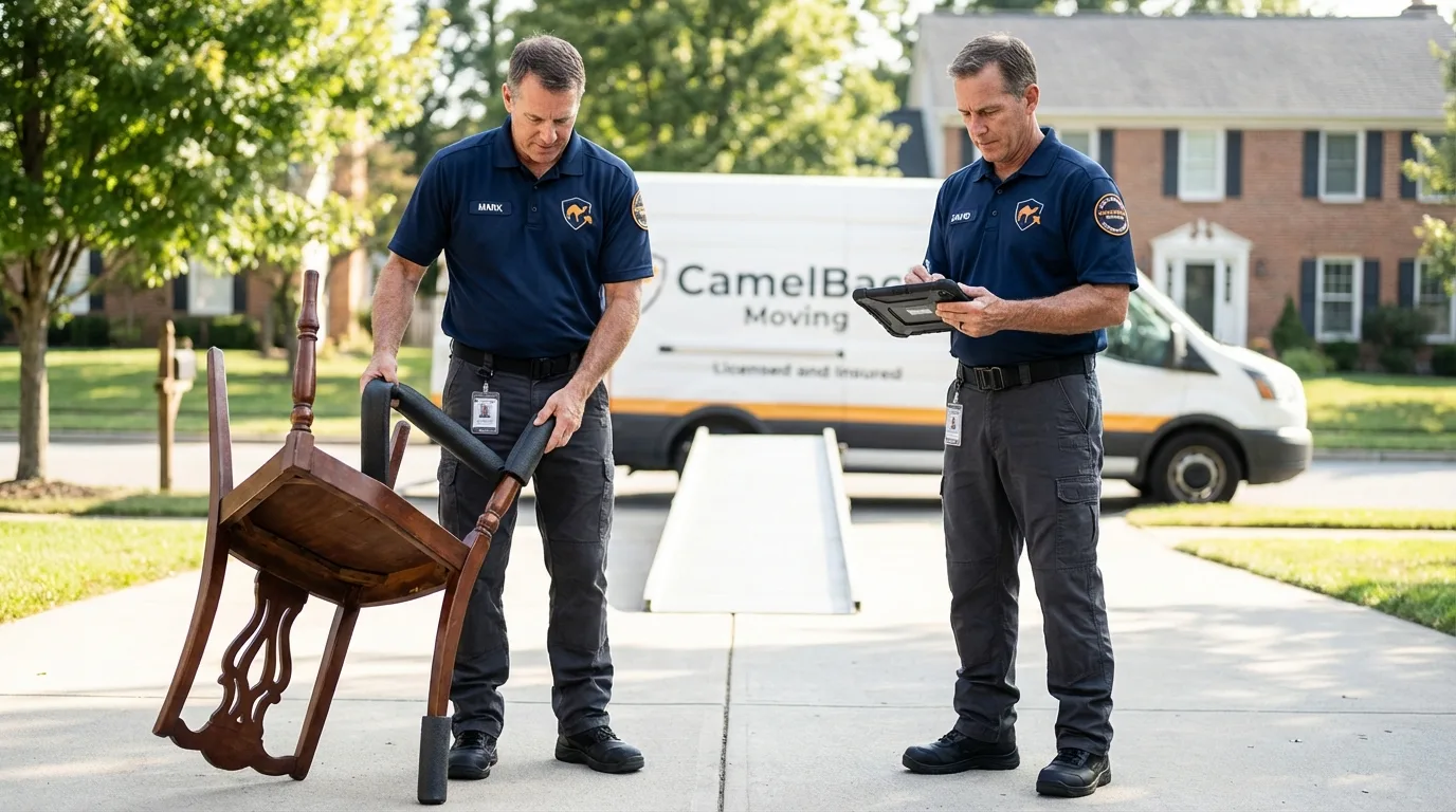 Movers inspecting furniture for damage prevention before loading in Rockland, ME