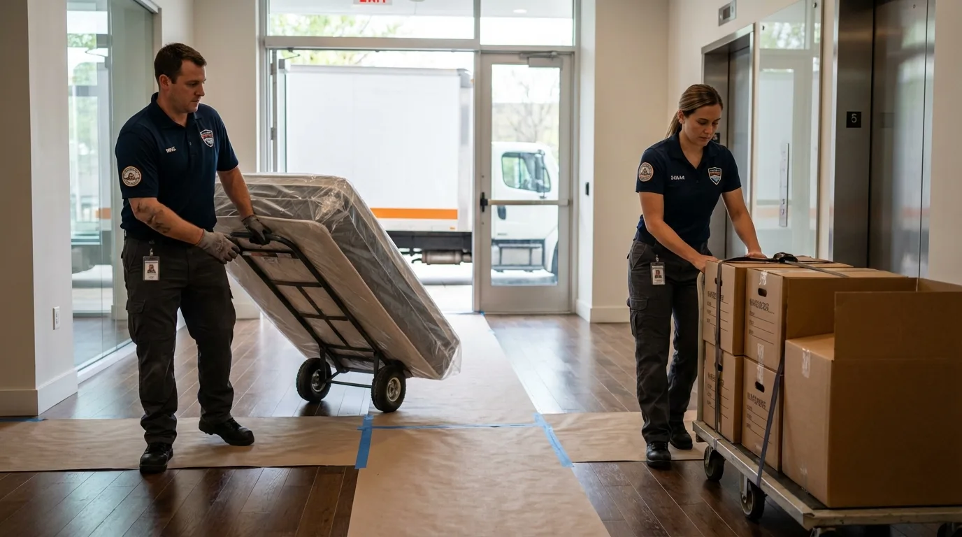 Professional apartment movers loading elevator in Rockland, ME
