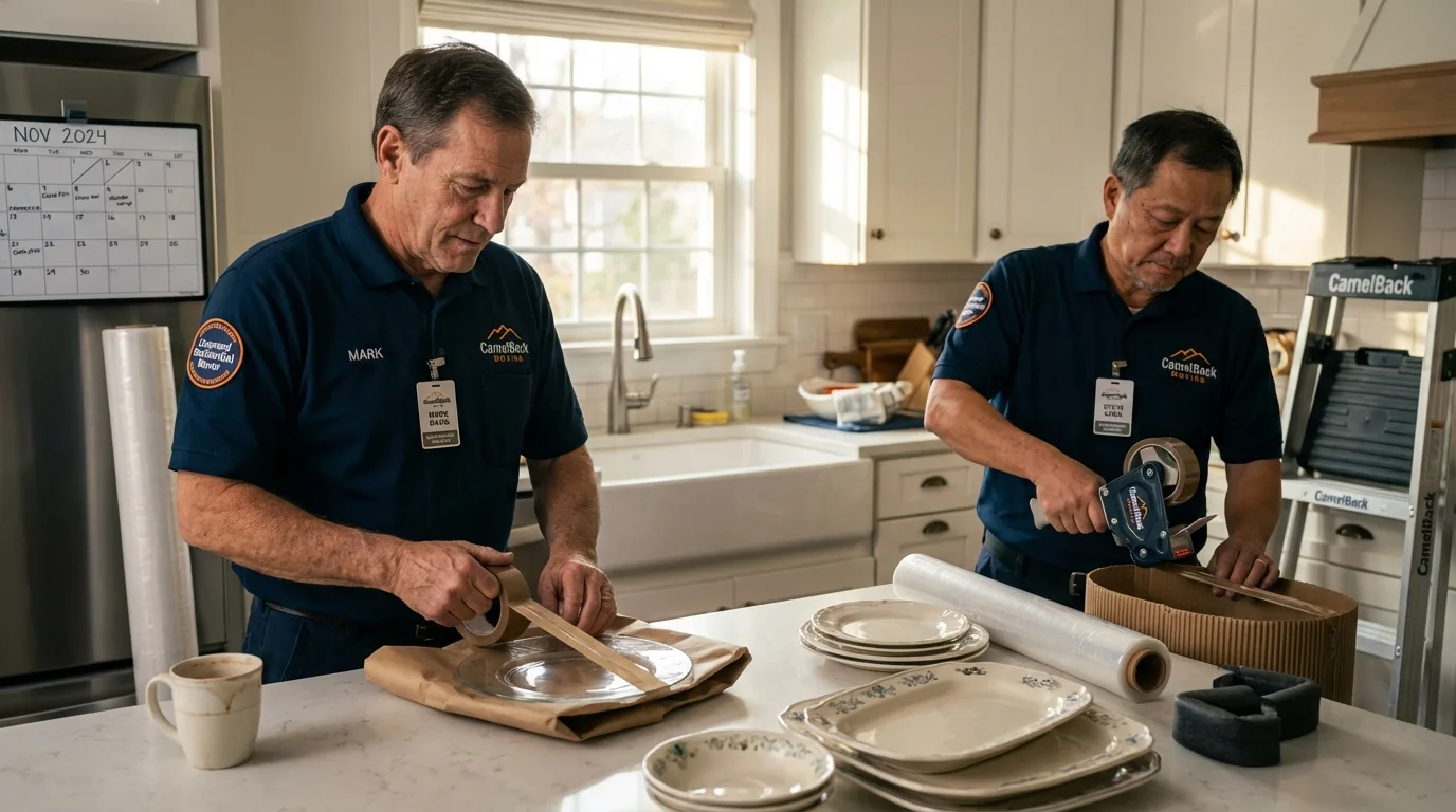 Professional crew packing kitchen dishware in Rockland, ME